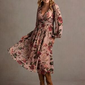 Azazie Blush Pink Floral V-Neck Midi Dress